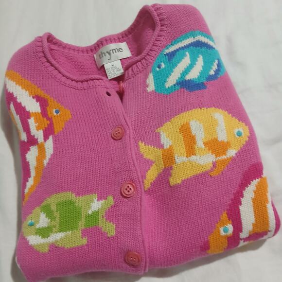 Vintage THYME Medium Ramie/cotton Hot Pink Cardigan TROPICAL FISH sweater - Picture 5 of 15